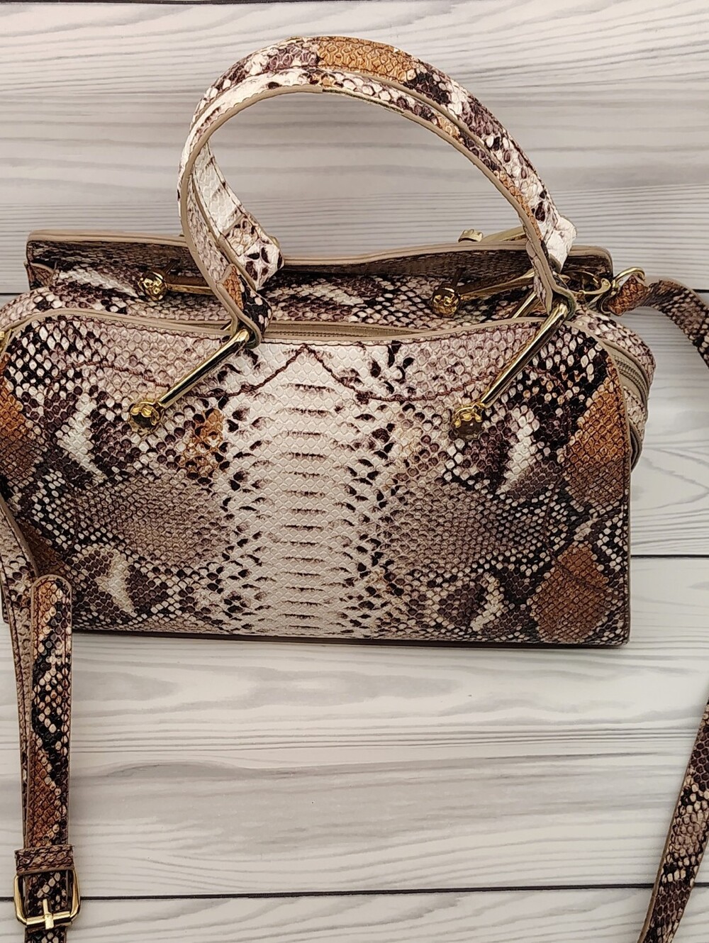 JustFab Brown & Cream Snake-Print Handbag Purse Bag